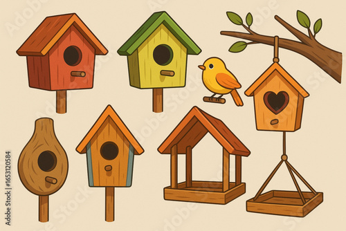 Bird Houses Set Cute Cartoon Birdhouses with Birds Feeders Nests Vector Illustration for Spring and Summer