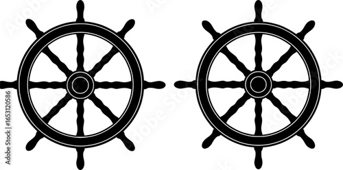 Ship steering wheel set. Boat steering wheels icon black silhouette, outline vector illustration