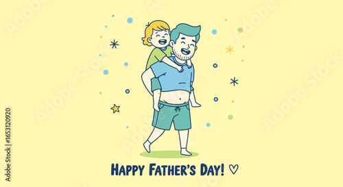Heartwarming Father's Day Illustration Featuring a Father Giving His Child a Piggyback Ride, Perfect for Greeting Cards, Social Media Posts, or Family-Oriented Marketing Materials.