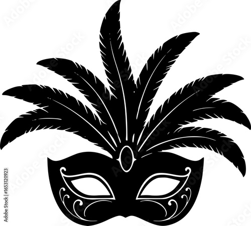 Carnival mask icon black silhouette isolated on white background. Mask with feathers pictogram. Vector illustration