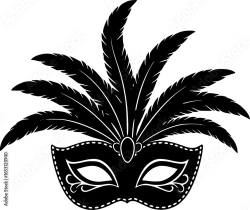 Carnival mask icon black silhouette isolated on white background. Mask with feathers pictogram. Vector illustration