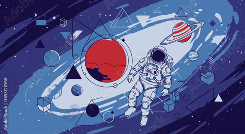 Astronaut Floating in Geometric Space, Exploring Cosmic Wonders and Celestial Bodies for Educational and Design Projects Related to Space Exploration