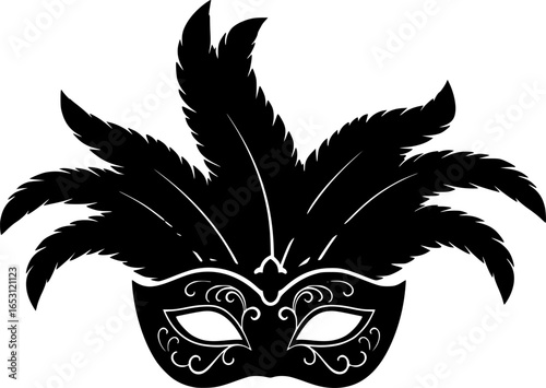 Carnival mask icon black silhouette isolated on white background. Mask with feathers pictogram. Vector illustration