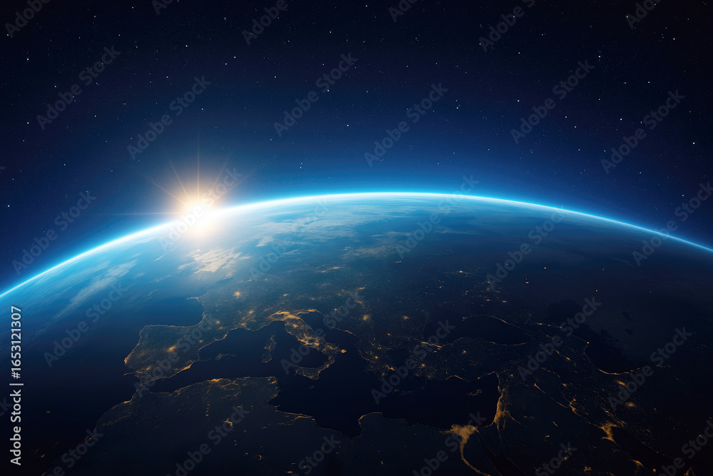 Fototapeta premium Sunrise over Europe from space with city lights and starry sky earth stars