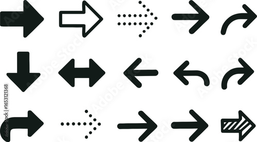 Black Directional Arrow Icon Set in Solid, Outline, and Dotted Styles