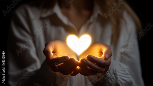 Hands Offering Light Heart Symbol on Dark Background in Studio