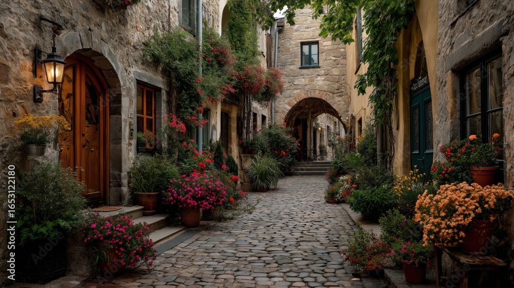 Fototapeta premium Charming Cobblestone Street with Flowering Bougainvillea in Village