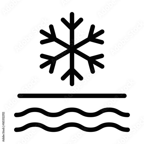 A black and white drawing of a snowflake with a line of water underneath it. Concept of coldness and the idea of water freezing. Editable stroke.
