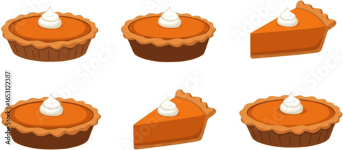 Pies Vector Illustration.Thanksgiving and Holiday Pumpkin Pie. Happy Thanksgiving Day traditional pumpkin pie with whipped cream on the top Web site page and mobile app design vector element 