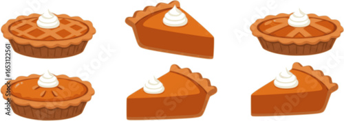 Pies Vector Illustration.Thanksgiving and Holiday Pumpkin Pie. Happy Thanksgiving Day traditional pumpkin pie with whipped cream on the top Web site page and mobile app design vector element 