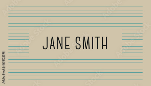 Tan card with centered "JANE SMITH" in black, horizontally striped with thin teal lines, creating a minimalist, retro, and professional business card design.
