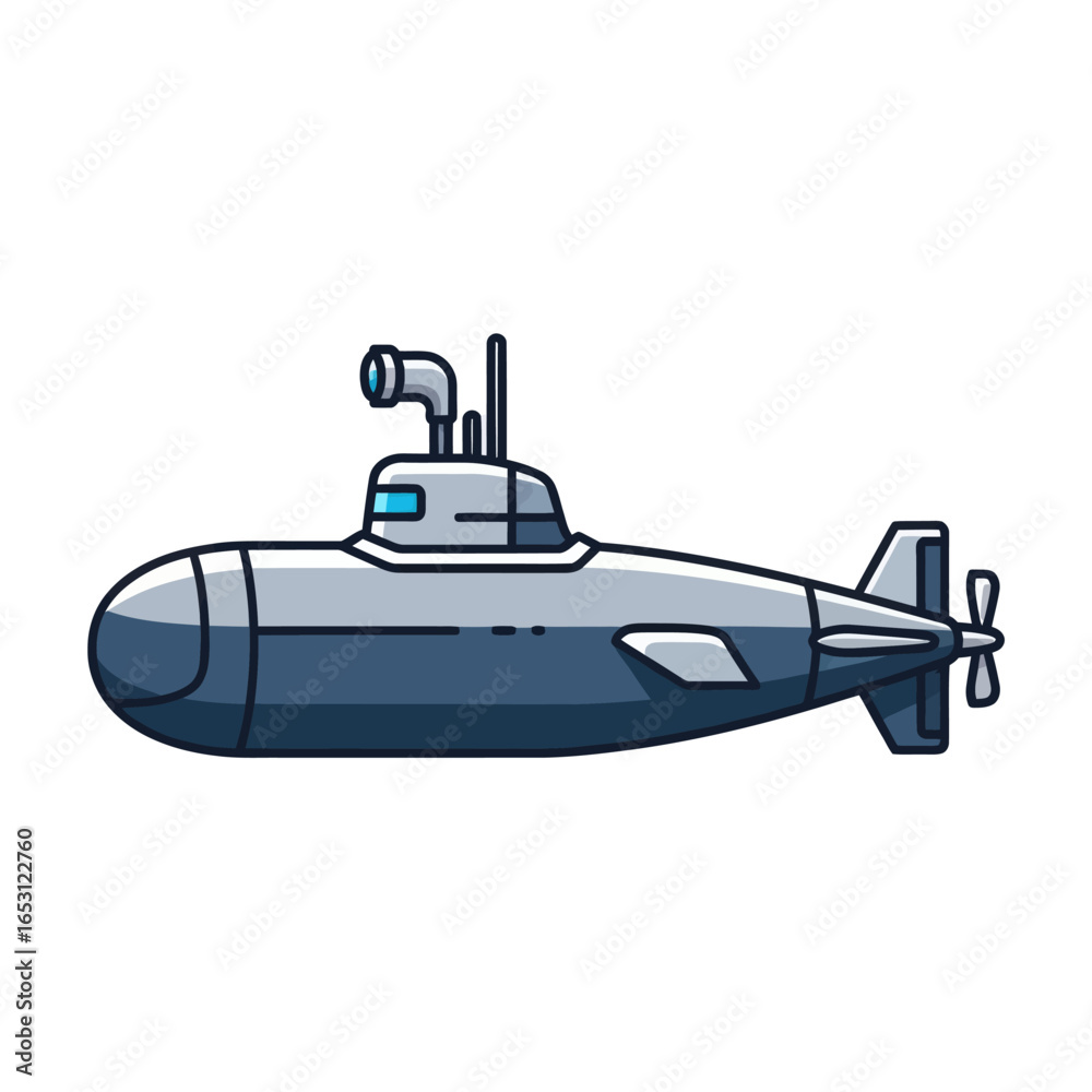Illustration of a gray submarine with a periscope and propeller on a white background. Illustration of a gray submarine with a periscope and propeller on a white background.