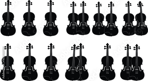 Black silhouette vector pattern of violins in grid arrangement, perfect for music, orchestra, concert, and decorative design projects