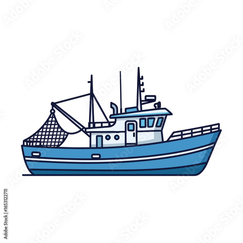 Illustration of a Blue Fishing Trawler with Net.