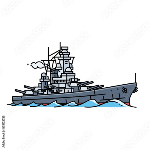 A detailed illustration of a large, grey battleship sailing on the ocean with smoke billowing from its smokestack.