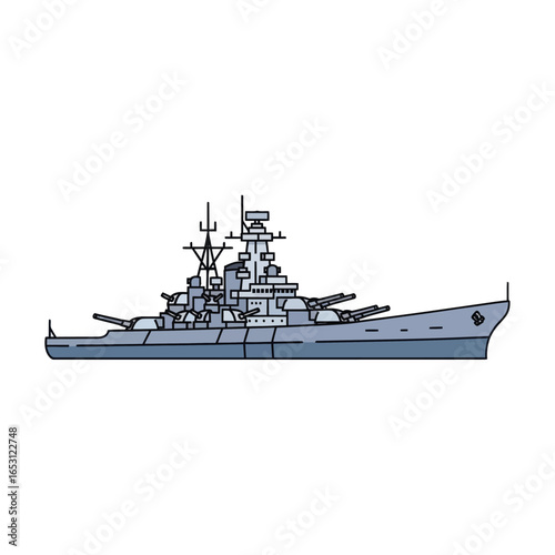 A detailed illustration of a large, grey battleship with multiple turrets and a complex superstructure.