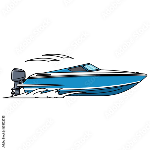 A detailed illustration of a blue speedboat gliding swiftly across the water's surface, creating waves.