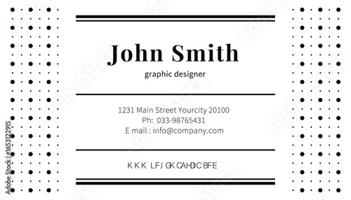 A minimalist business card features "John Smith" centered, with contact details below, flanked by dotted patterns, all in black and white, under bright, even light.