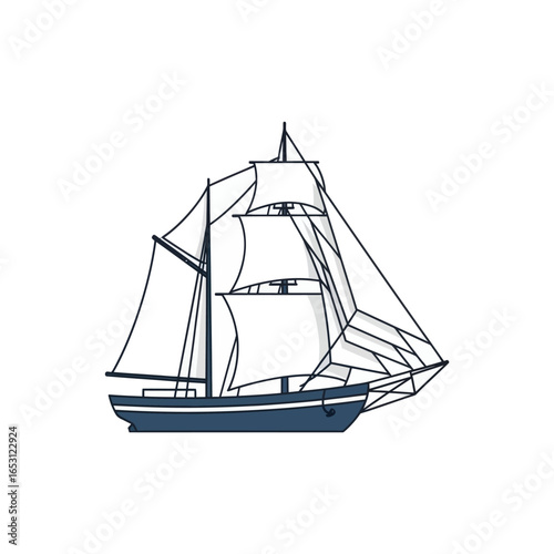 Side view of a sailing ship with detailed rigging and sails.