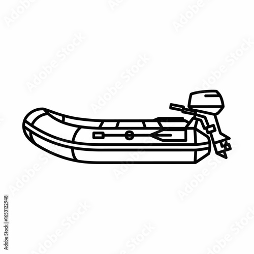 Simple line art illustration of an inflatable boat equipped with an outboard motor and oars, ready for water activities.