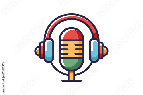 Minimal podcast headphones wrapped around microphone sound design