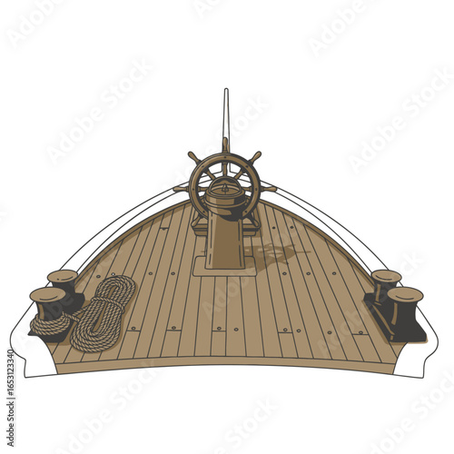 Illustration of a ship's deck featuring a steering wheel, wooden planks, ropes, and bollards, presented in a cartoon style.