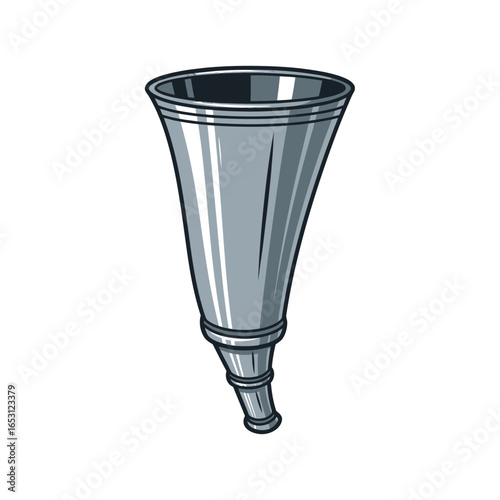 Illustration of a silver or gray metal horn-shaped object with a narrow base and a wide, flared opening.