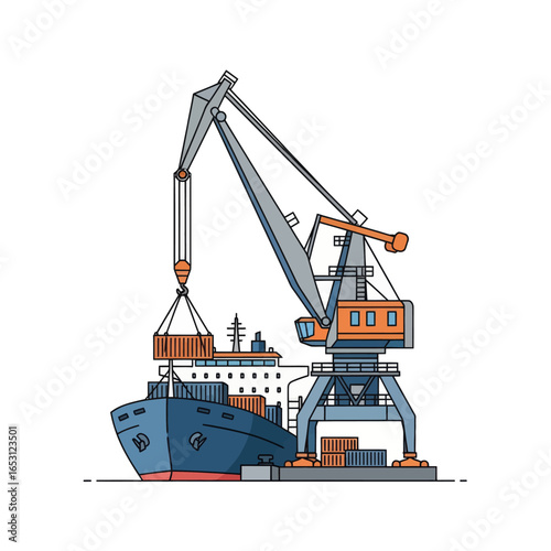 Cargo ship being loaded by a large harbor crane.
