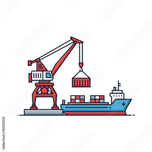 A cargo ship being loaded with containers by a harbor crane, a simple illustration.