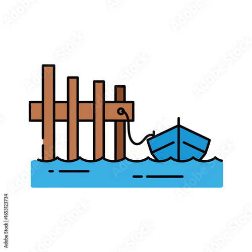 A simple line icon of a small blue boat tied with a rope to a wooden pier while floating on the water.