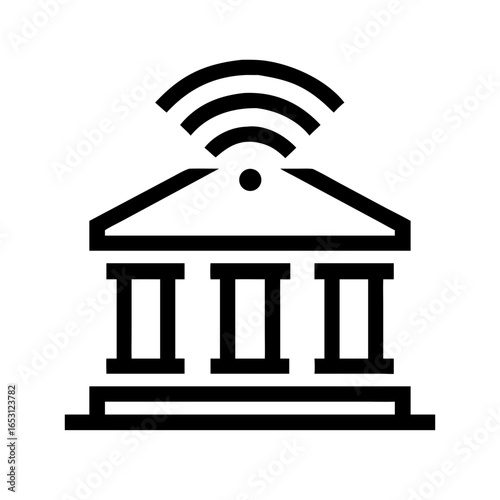 Bank Building with Wireless Connection Lines Icon Design | Online Banking Technology Vector Illustration