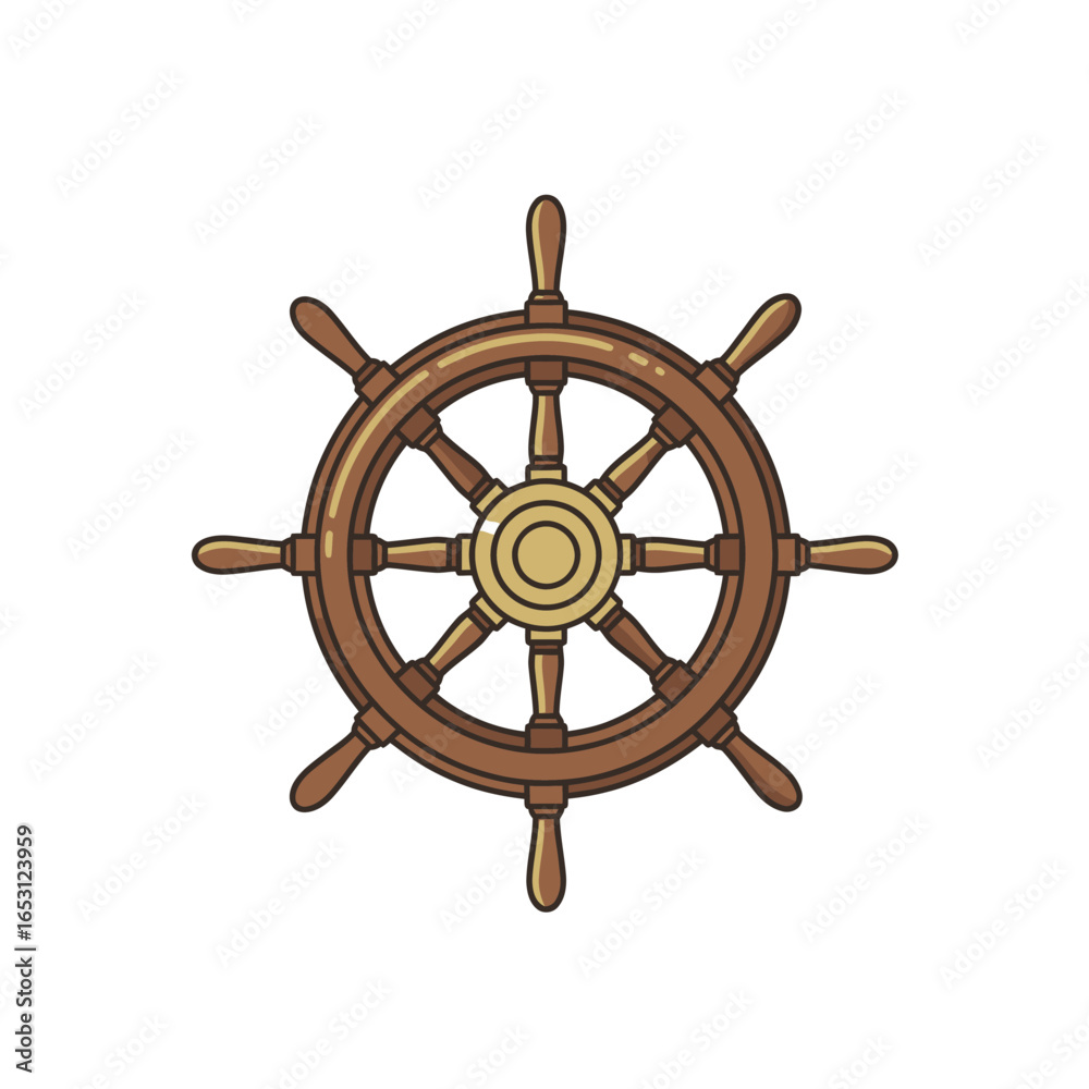 Obraz premium A classic brown wooden ship's wheel with brass details.