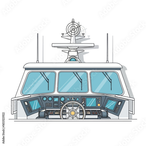 Detailed illustration of a boat's bridge with a steering wheel, navigation screens, and control panels, showcasing maritime technology.