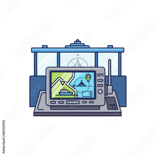 Marine navigation system featuring GPS plotter and radio equipment on a ship's bridge with a compass.