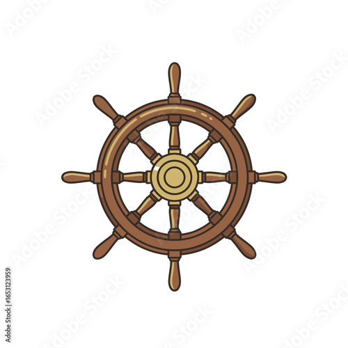 A classic brown wooden ship's wheel with brass details.