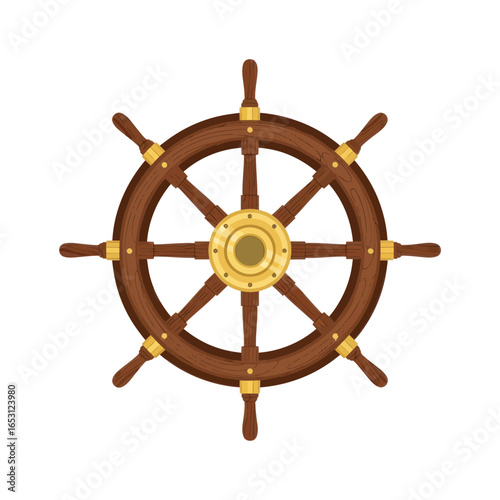A traditional wooden ship's helm featuring a central brass hub and eight spokes, isolated on a white background.