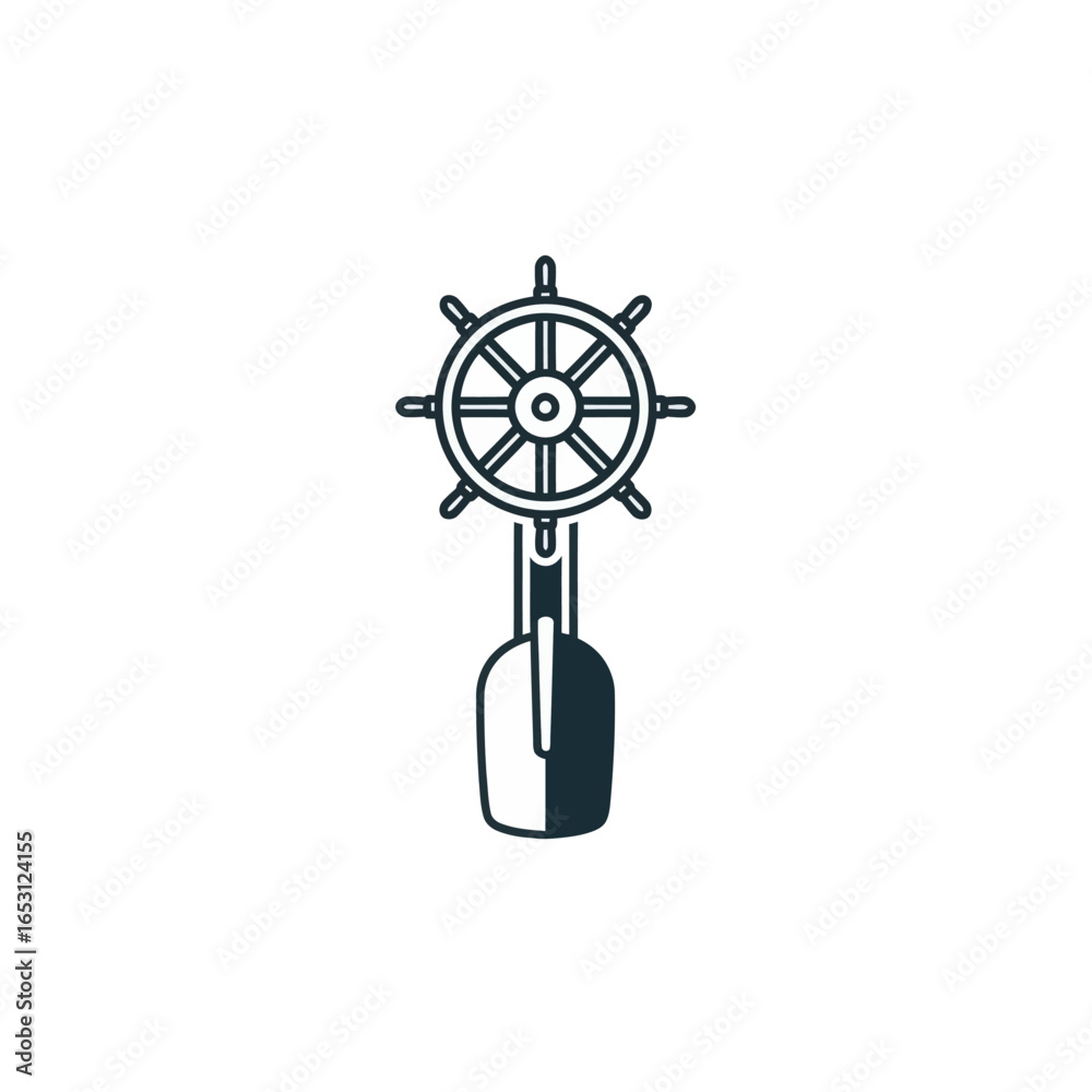 Obraz premium A stylized illustration featuring a ship's wheel atop a boat, presented in a simple, graphic style.