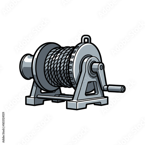 A gray winch with a rope wrapped around the drum, featuring a handle for manual operation, isolated on white.