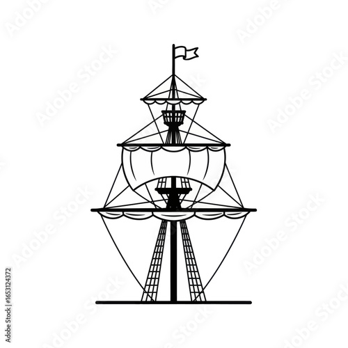 Line drawing of a majestic three-masted sailing ship, detailed rigging, and a small flag.