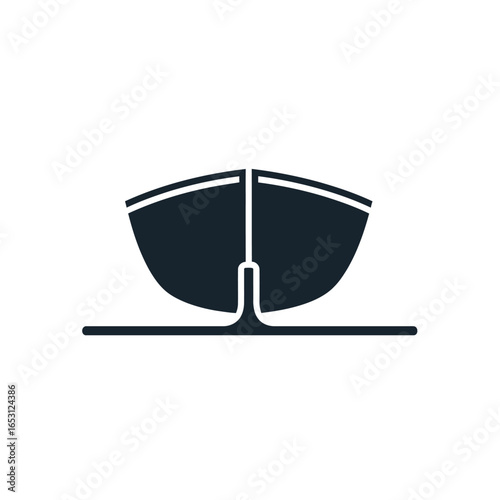 Simple icon depicting a small, dark-colored boat at rest on calm water.