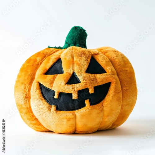 Halloween Pumpkin Plush Toy, style, close-up of orange plush toy with green stem and sinister smile on white surface. Concept of Halloween Pumpkin Plush Toy for festive decor.