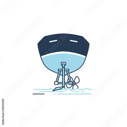 A stylized illustration of a boat's stern, showing the hull, rudder, and propeller in the water.
