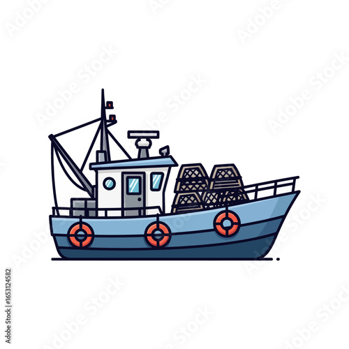 A blue fishing trawler boat with lobster traps stacked on its deck, equipped with a crane and life preservers, ready for sea.