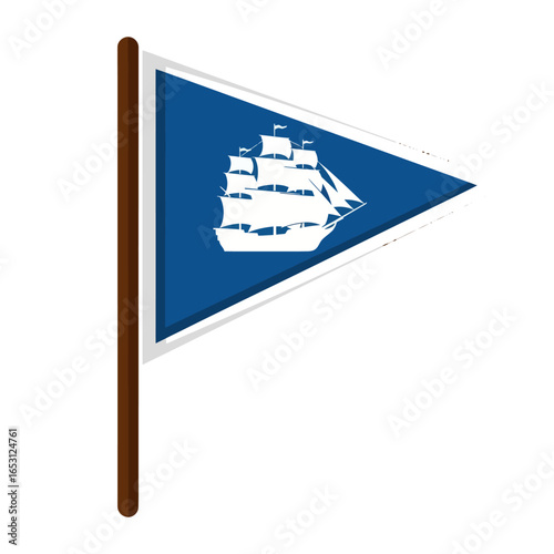 A blue triangular pennant with a white silhouette of a tall sailing ship on a brown pole.