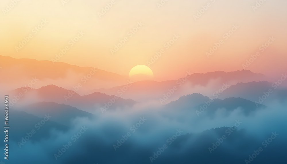 Obraz premium Serene mountain landscape at sunrise with fog, creating a dreamy and peaceful atmosphere, perfect for travel and naturethemed backgrounds and wallpapers