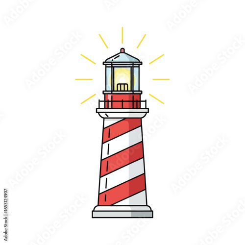 A classic red and white striped lighthouse stands tall, emitting a bright, guiding light against a clean white background.