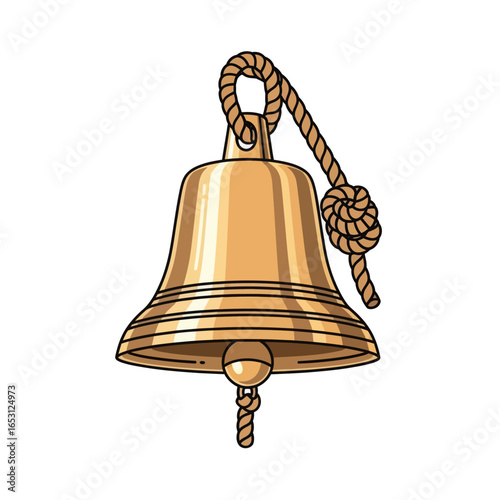A gleaming brass bell, suspended by a thick rope, with a clapper hanging inside, ready to ring.