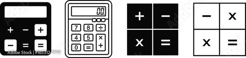Calculator icons and math symbols in various styles, addition, subtraction, multiplication, equals, mathematics, education, vector silhouette, outline design graphics
