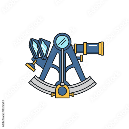 A detailed illustration of a nautical sextant, a navigational instrument.