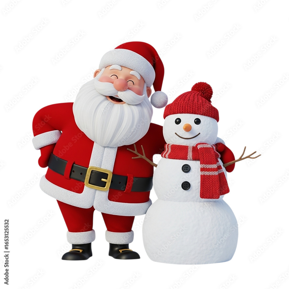 Fototapeta premium 3d icon of cheerful santa claus character with a friendly snowman, both wearing festive hats and scarves, isolated on transparent background for holiday celebrations